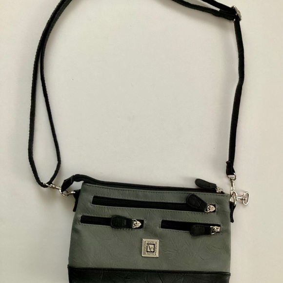 Stone Mountain Handbags - Stone Mountain Gray and Black Leather and Poly Crossbody Purse Shoulder Bag